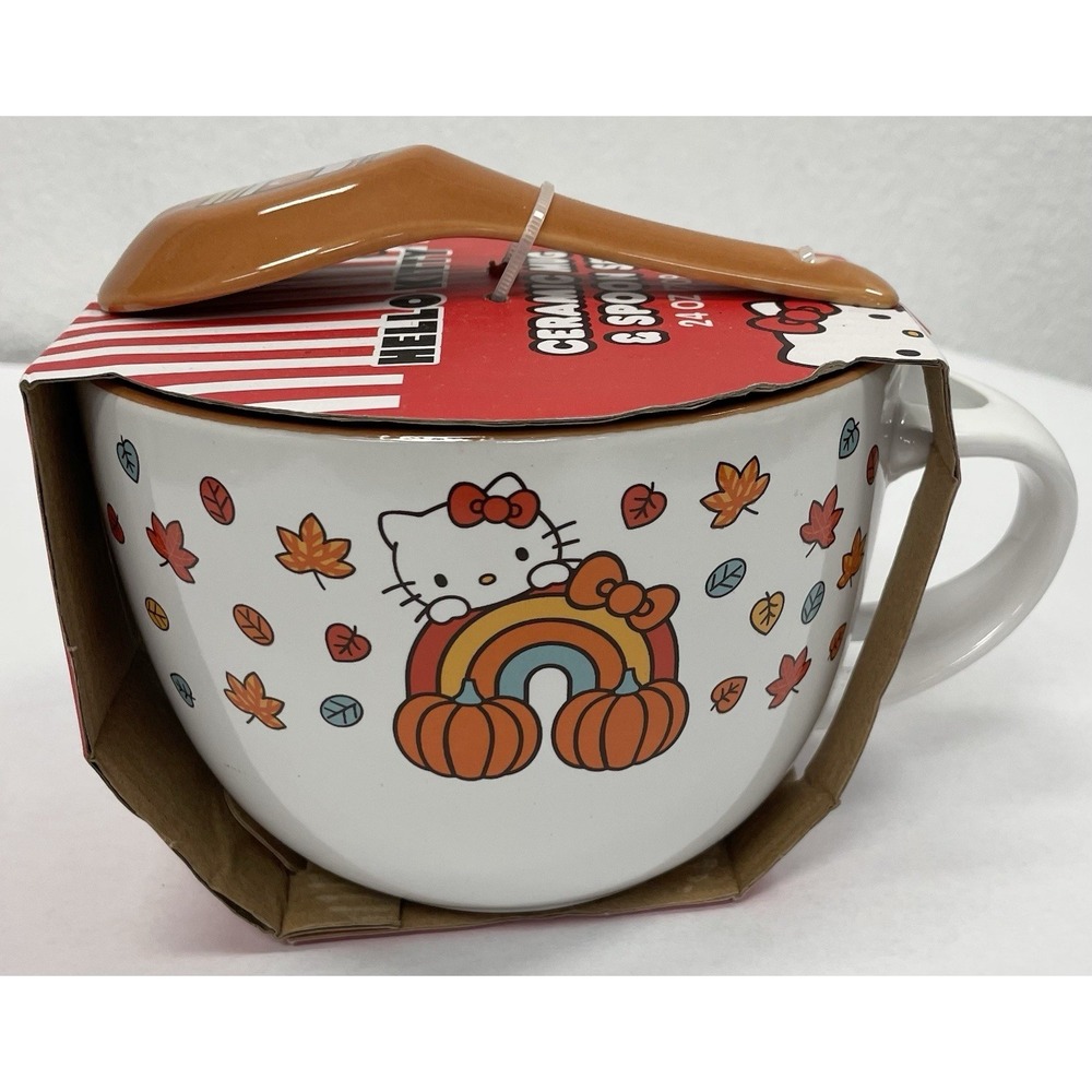 Hello Kitty Fall Pumpkin Ceramic Mug & Spoon Set 24 oz Sanrio Autumn Leaves NEW